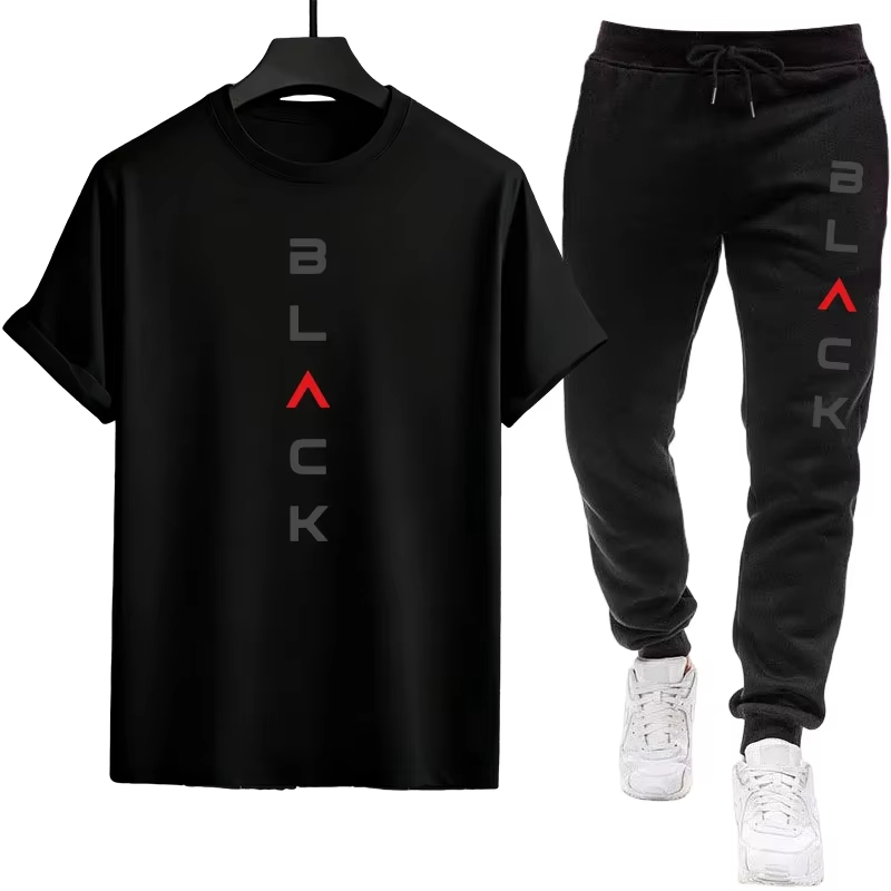 Outdoor Sports Outfit - Black Letter Print Mens Tracksuit T-shirt