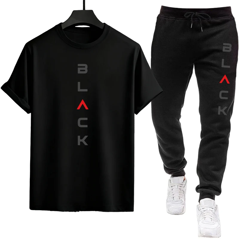 Outdoor Sports Outfit - Black Letter Print Mens Tracksuit T-shirt